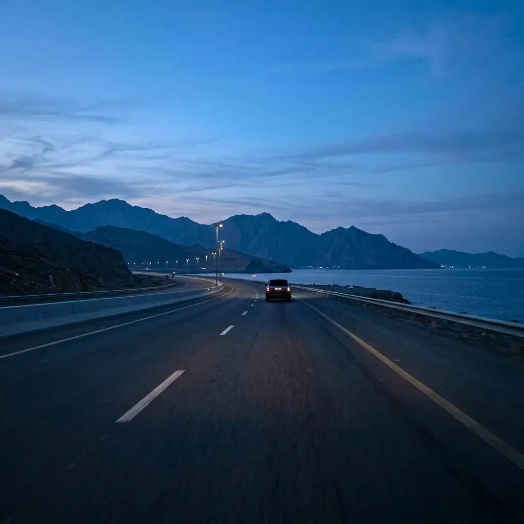 Final coastal arrival road near Six Senses Zighy Bay