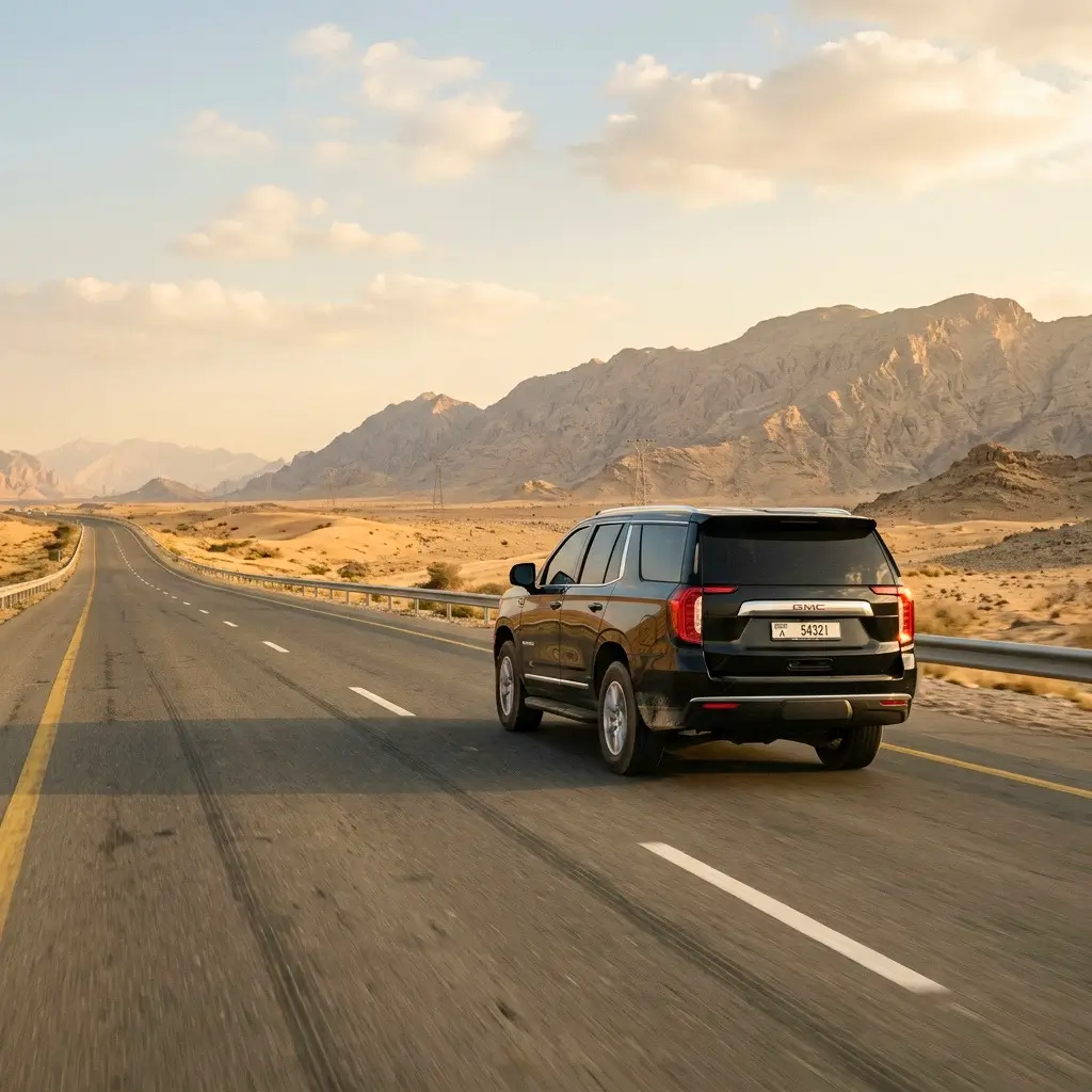Private chauffeur vehicle traveling from Dubai to Muscat through Oman highway corridors