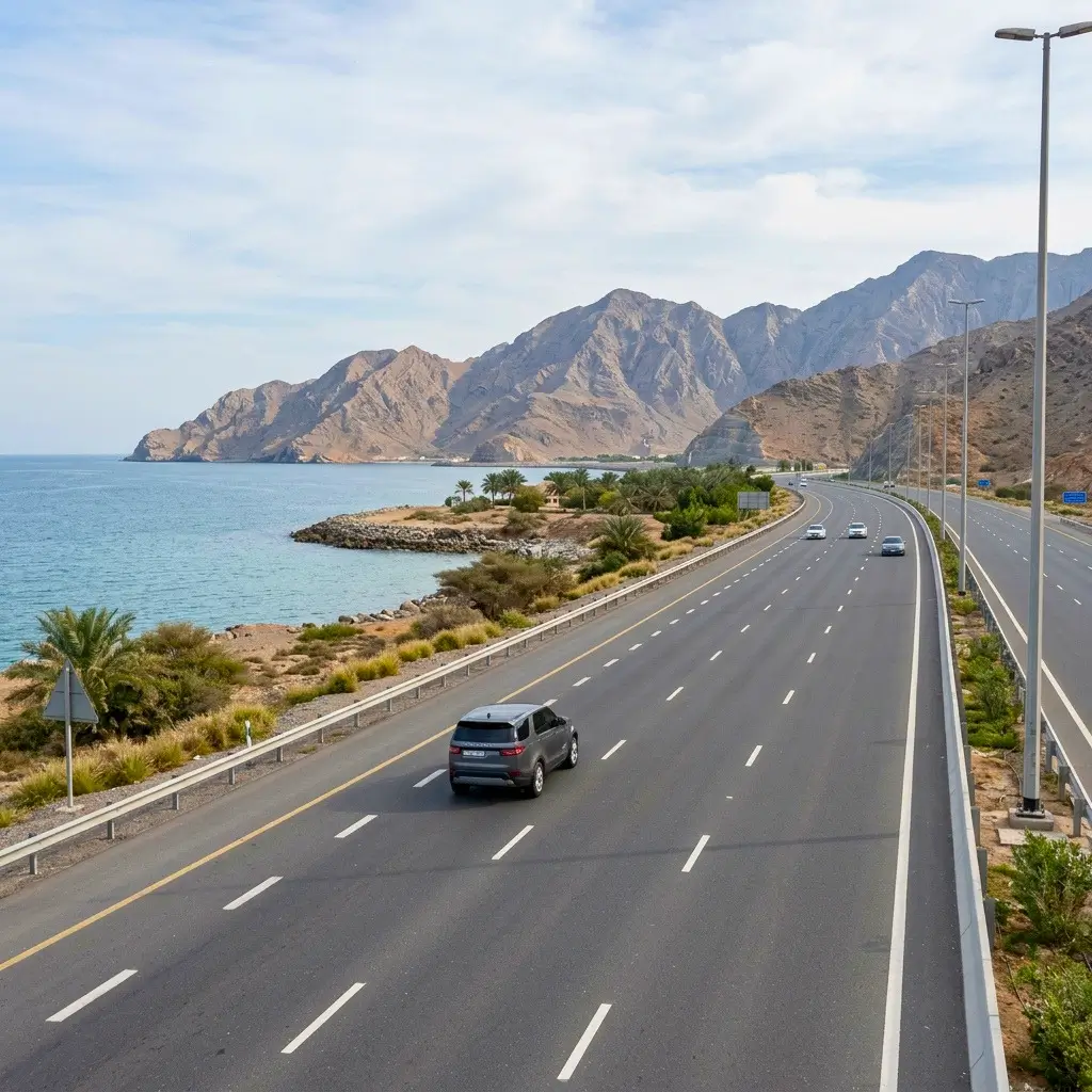 Dubai to Six Senses Zighy Bay highway and coastal transfer atmosphere