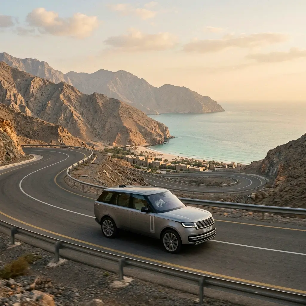 Mountain access road in Musandam leading toward Six Senses Zighy Bay