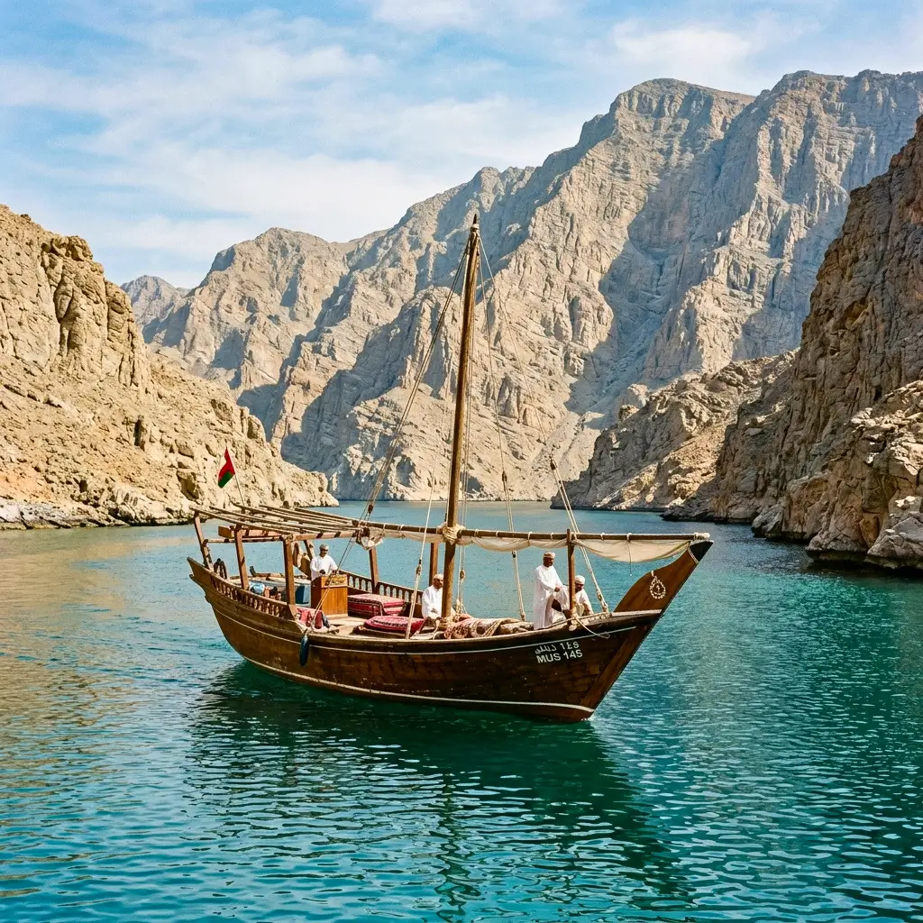 Traditional wooden dhow cruise ship floating in Omani fjords